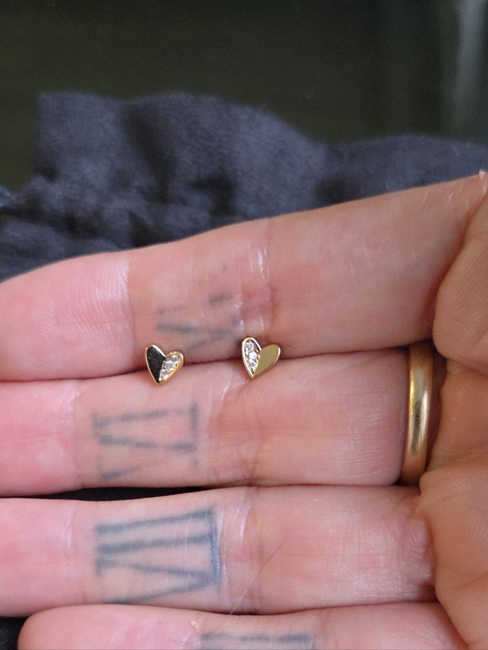 925 Stamped Gold Heart Stud Earrings with Crystal Accent - Flat Back